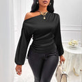Amazon cross-border fashion new women's satin blouse - spring/summer asymmetrical long sleeve slant neck shirt top