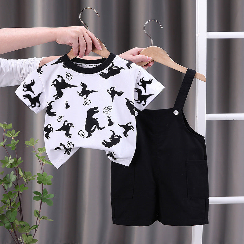 Kids' overalls set - boys' summer short-sleeve outfit: all-over dinosaur print crewneck tee + shorts 2-piece set
