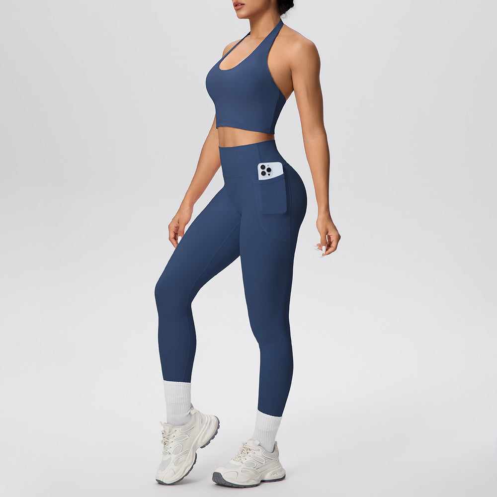 New women's solid color brushed halter tank top and pocket pants yoga set - two-piece activewear for running and fitness