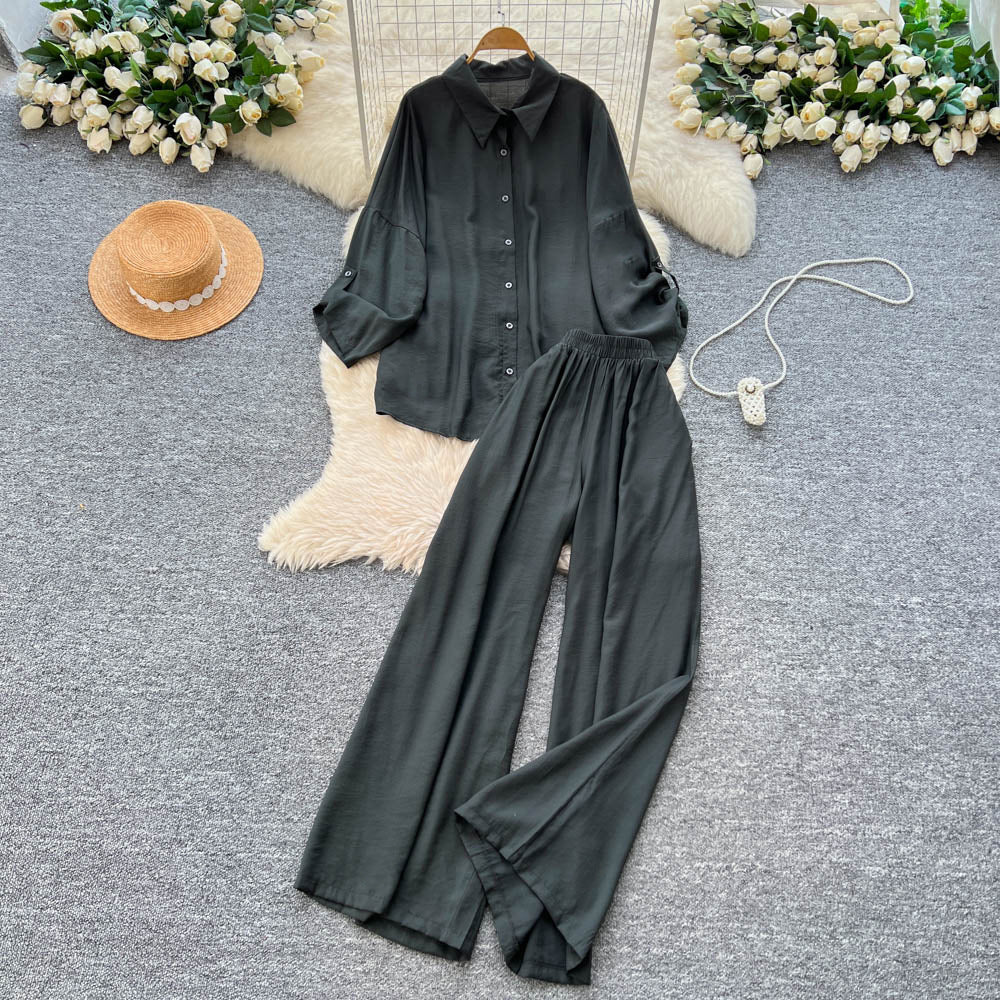 Relaxed casualsuit women's autumloose buttoned long sleeves single breasted shirthigh waistloose pantstwo-piece set