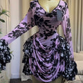 European and american cross-border women's fashion:  summer new arrival - elegant printed ruffle trim pleated flared sleeve dress
