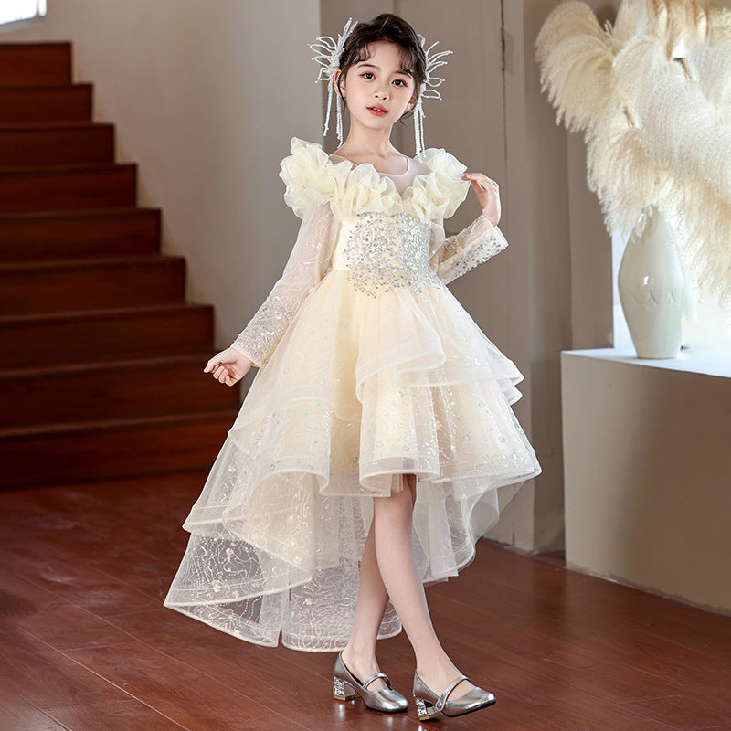 Girls' formal dresses, train, short front and long back, ready-made tulle skirts, girls' runway princess dresses, ready-to-ship for export, piano recital dresses