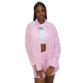European and american cross-border women's fashion:  autumn new collection - stylish pink striped long-sleeve shirt and wide-leg shorts casual set