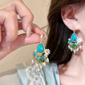 Ethnic style turquoise flower tassel earrings-e6929 gold