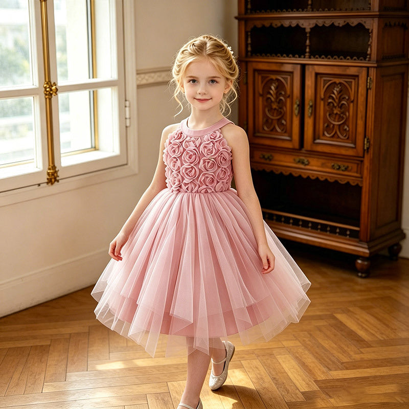 girls' dress irregular hem sleeveless halter neck 3d embroidered dance costume kids princess dress - in stock