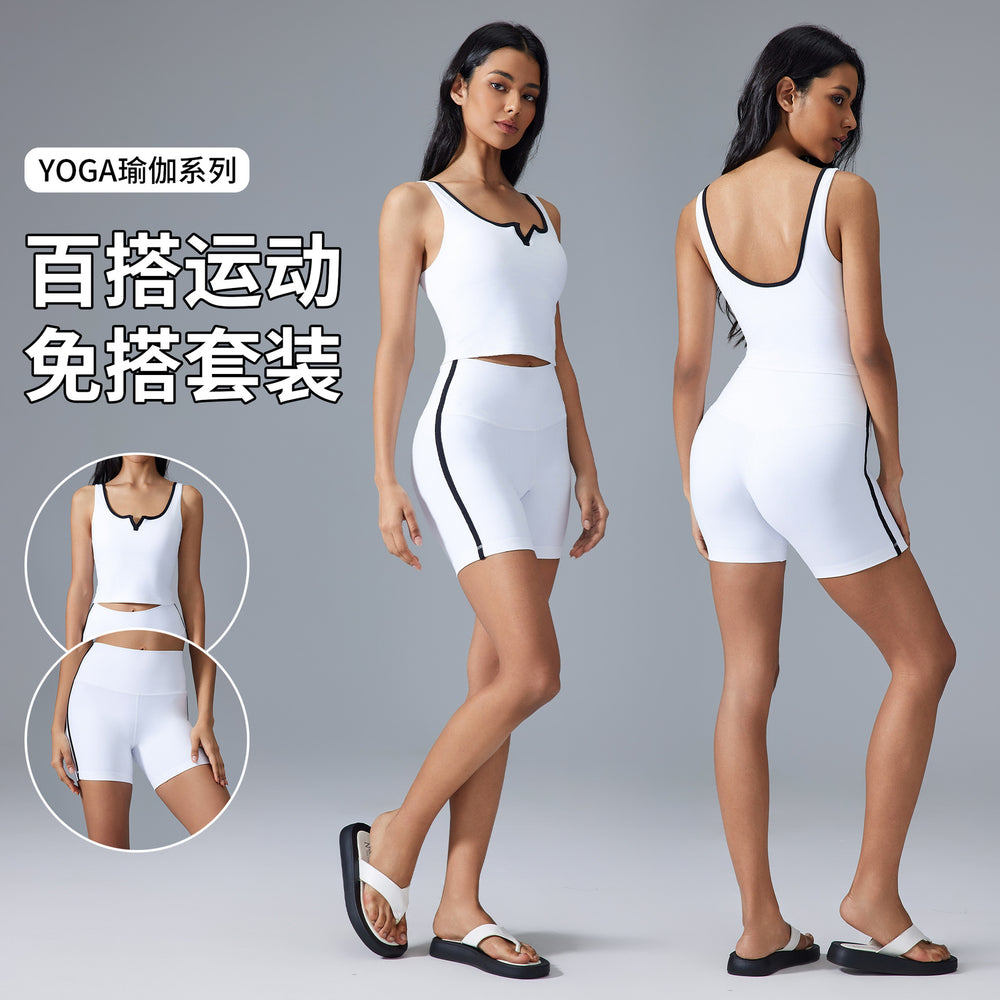 Fitness yoga outfit set with padded bra, beautiful back sports tank top, high-waisted butt-lifting tight yoga shorts set for women