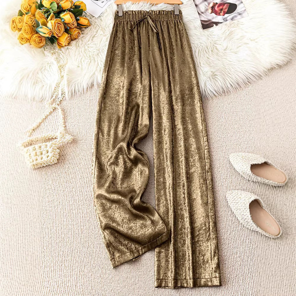 Amazon cross-border foreign trade spring & fall elastic waist gold wide-leg pants pleated loosestraight-leg pants women's slimming lookcasual