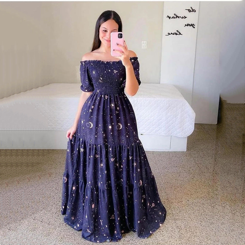new spring/summer cross-border fashion: european and american style women's one-shoulder floral print maxi dress - off-the-shoulder fairy dress