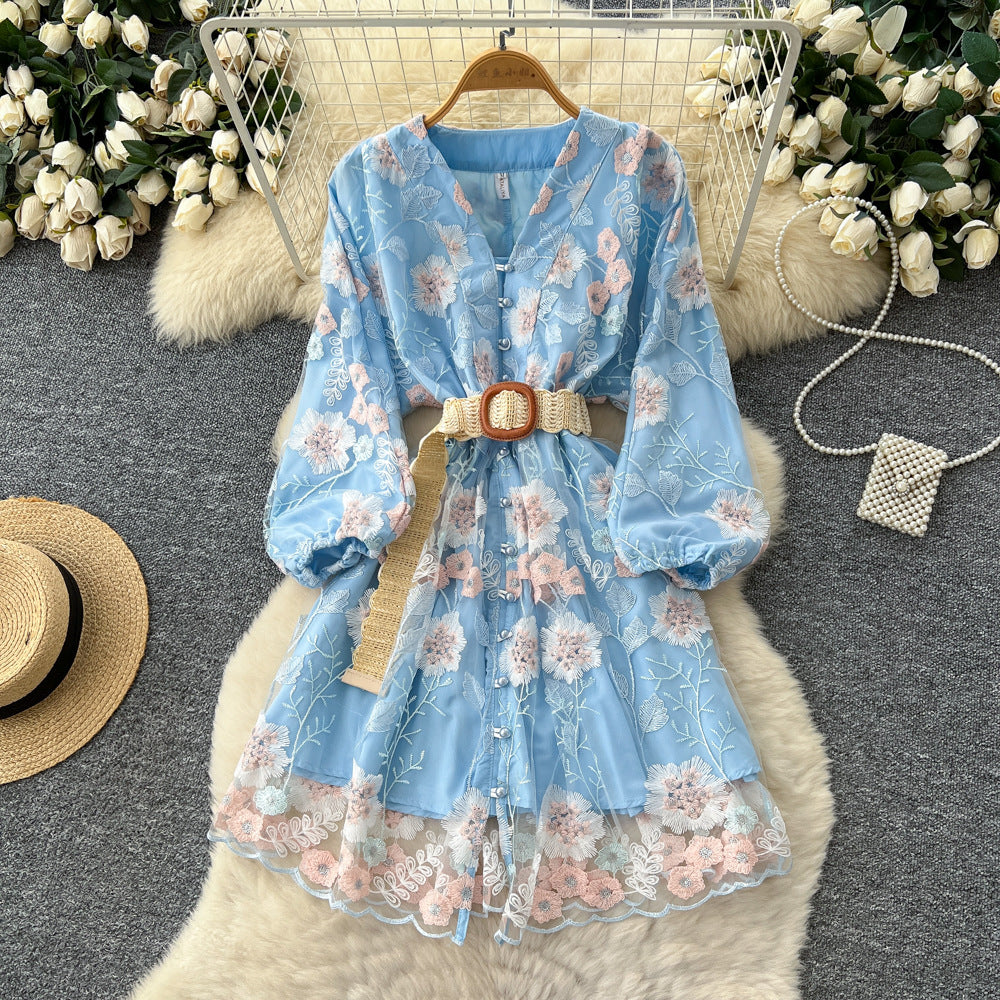 French court style heavy embroidery mesh dress - women's autumn tie-waist v-neck lantern sleeve elegant mini dress