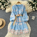 French court style heavy embroidery mesh dress - women's autumn tie-waist v-neck lantern sleeve elegant mini dress