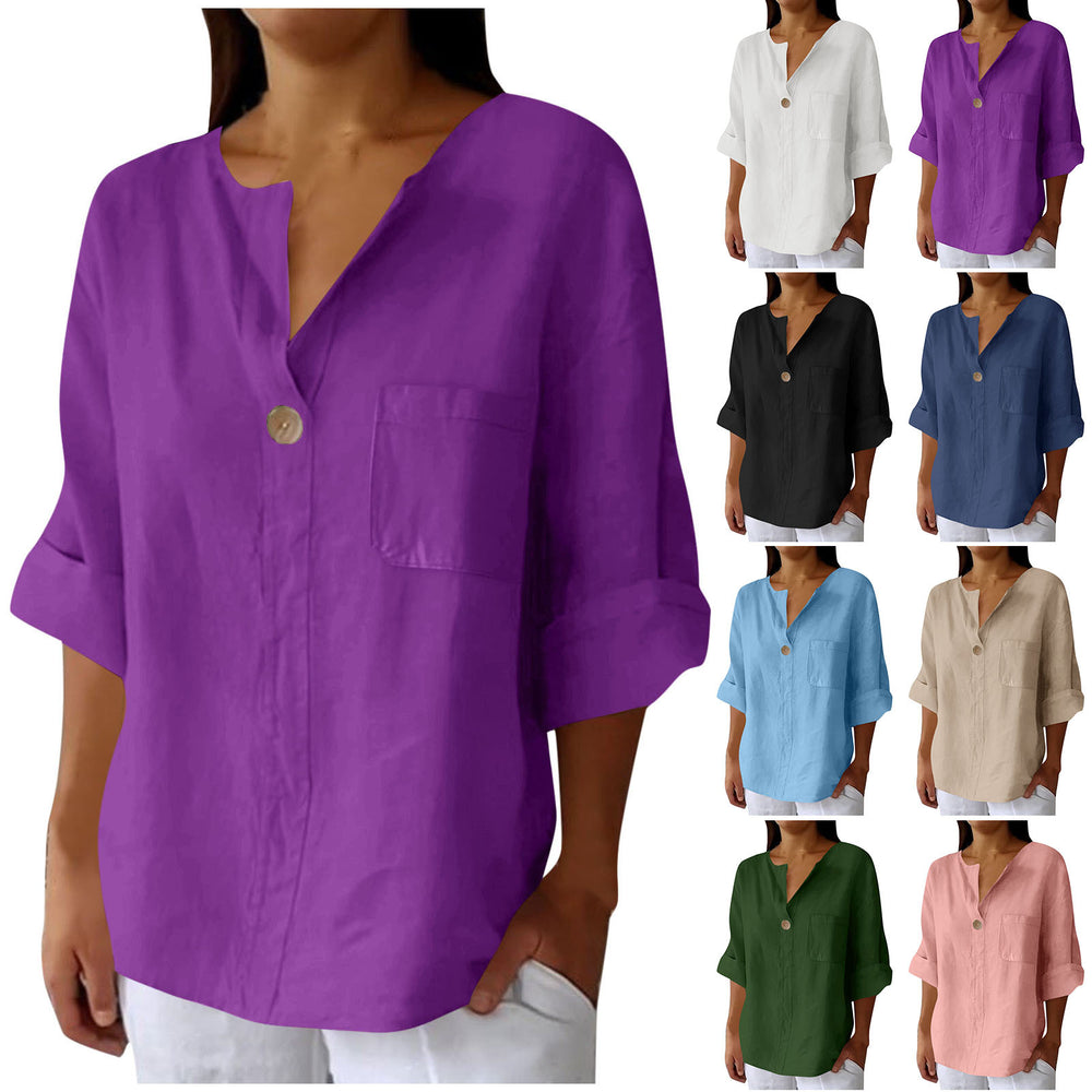 cross-border fashion summer new loose t-shirt women's v neck cotton and linen button tops