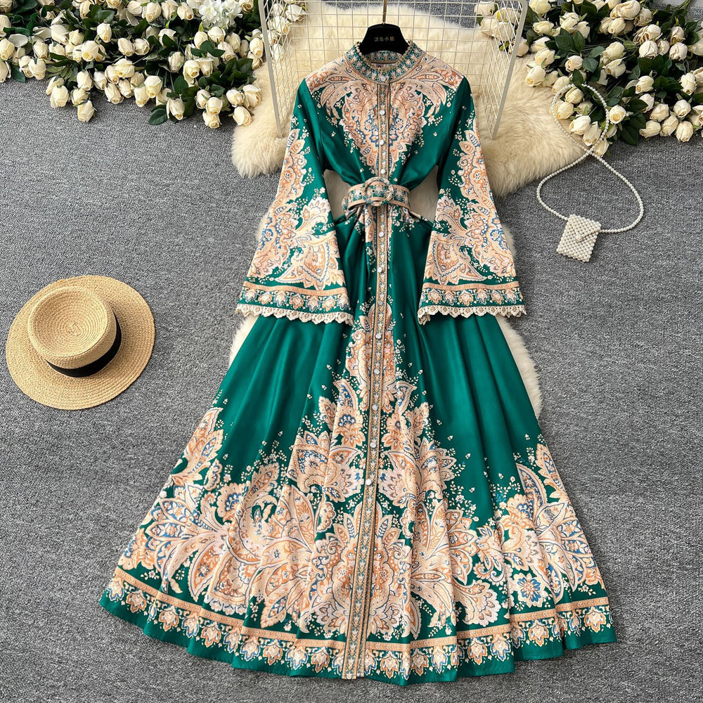 French retro floral print flared sleeve dress - women's spring belted single-breasted design, luxe & elegant maxi dress