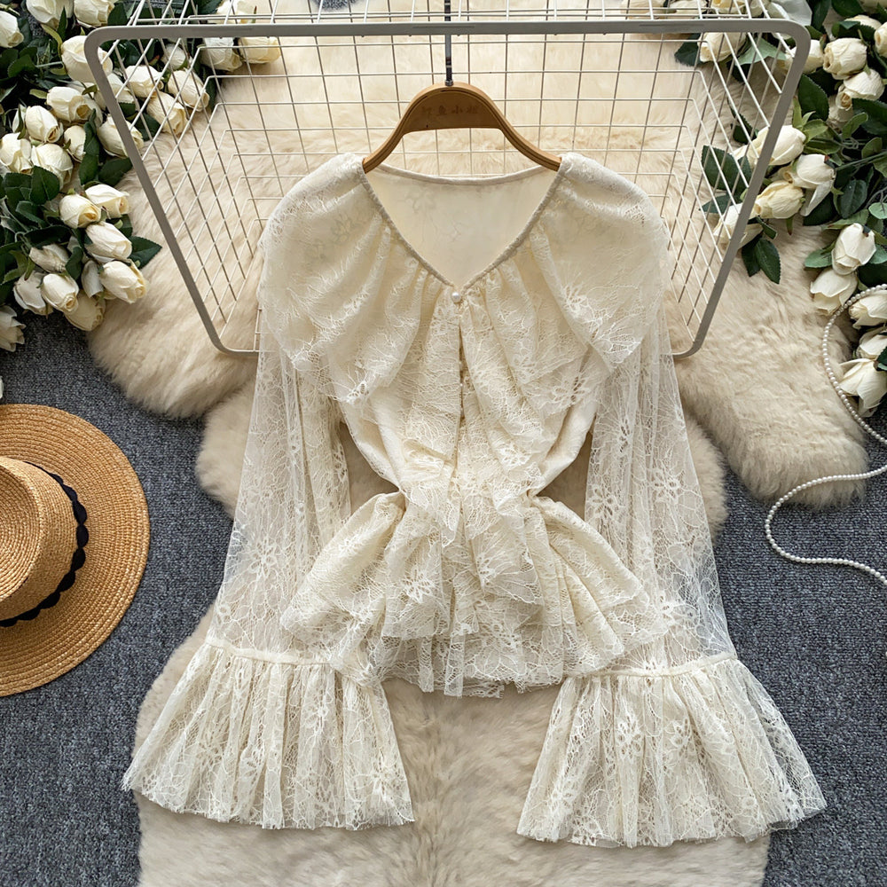 French romantic lace ruffle v-neck flared sleeve top - chic and slimming, autumn  collection