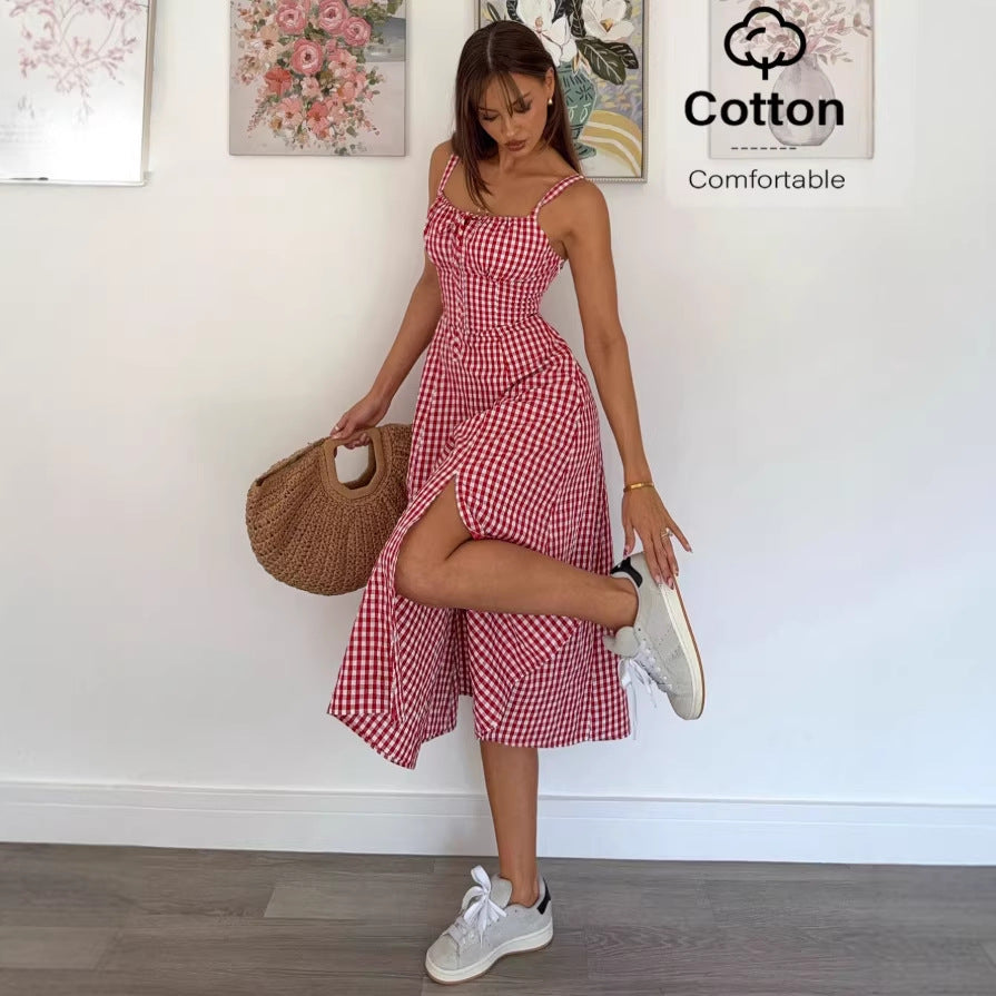 european and american cross-border new summer plaid cami dress - hot girl style