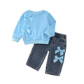 new girls' autumn/winter solid color long-sleeve sweatshirt and denim pants two-piece set with bow detail