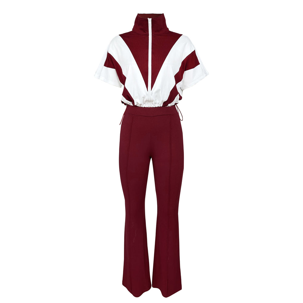 European and american style fashion casual elastic waist color block patchwork color block sport two-piece pants set -