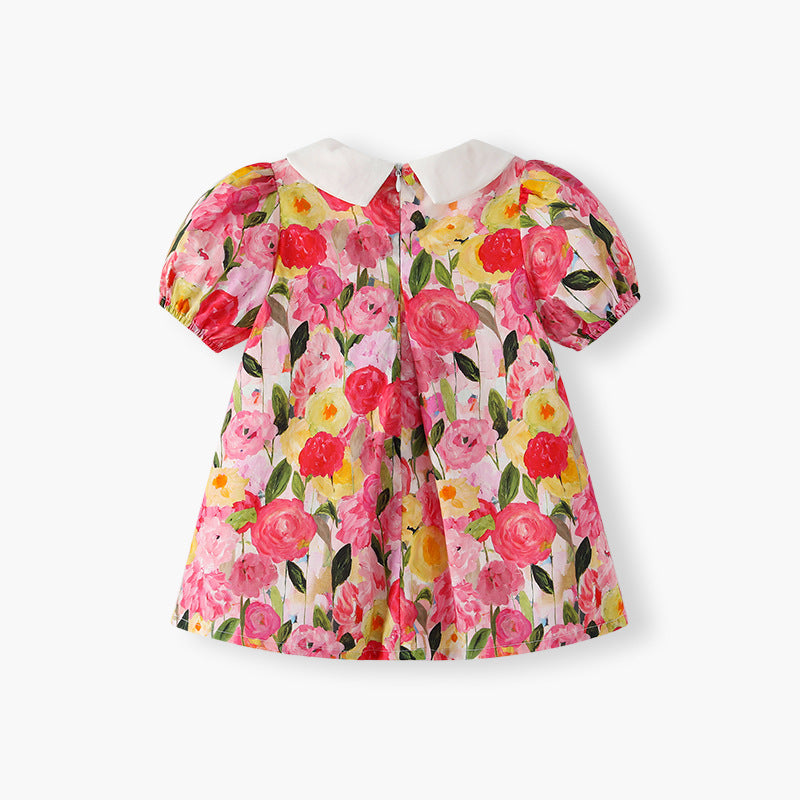 New chinese style children's dress -  summer collection: oil painting rose floral print with bow detail, girls' princess dress