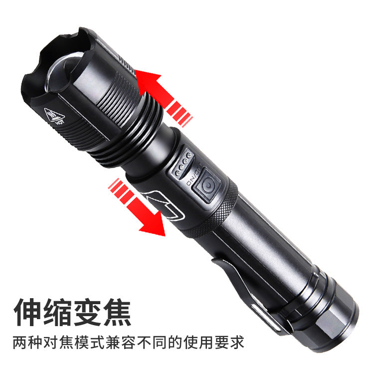 Cross-border new XHP-70 strong light telescopic zoom with pen buckle, power display tybe-c USB charging flashlight