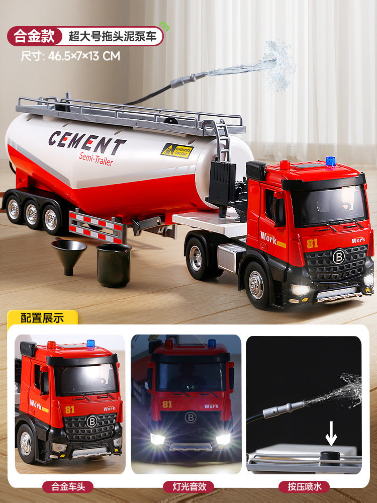 Kids' large-sized oil tanker truck with water spray, double doors, lights, music, and pull-back mud pump truck – perfect toy for boys!