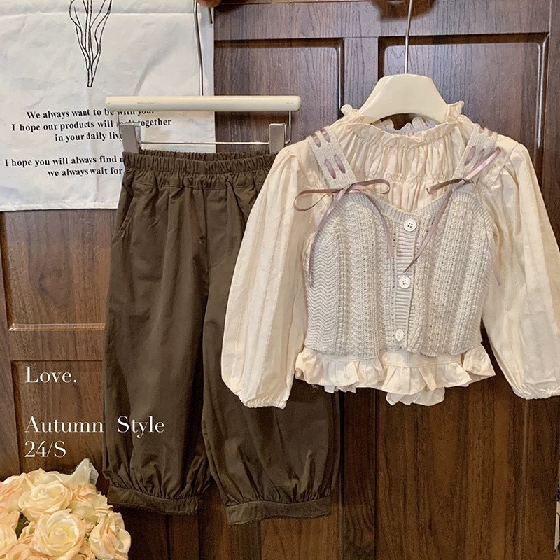 Girls' spring/autumn bowknot knitted vest, layering long-sleeve pullover shirt top, and casual pants three-piece set