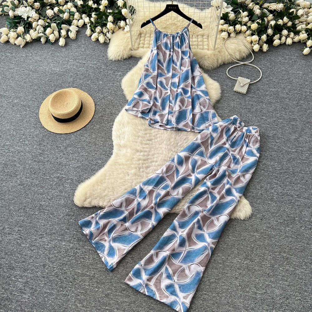 Lazy style printing vest loose pantseleganttwo-piece set women's summer flesh-covering slimming lookhigh waistslimming looksuit outfit