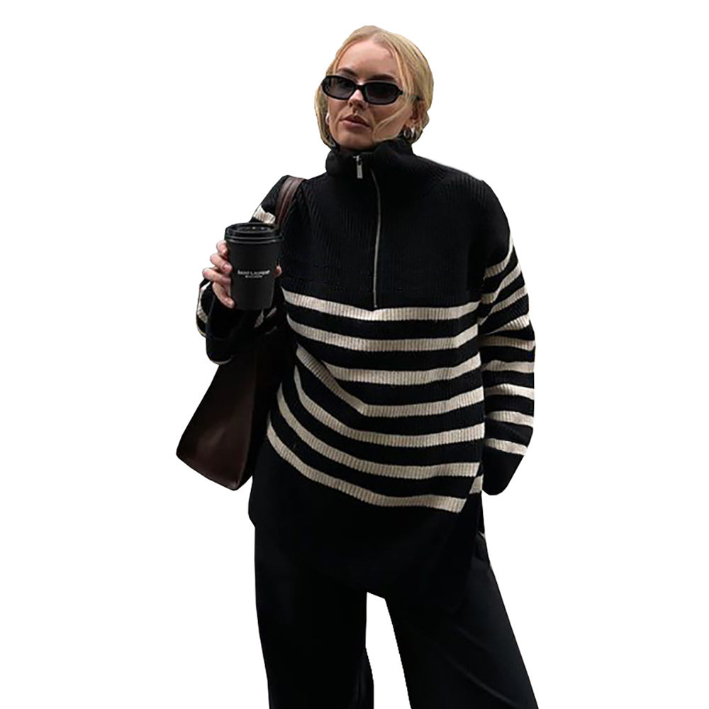 European and american women's clothing  fall/winter new arrivals:  cross-border casual turtleneck striped zipper pullover knit sweater