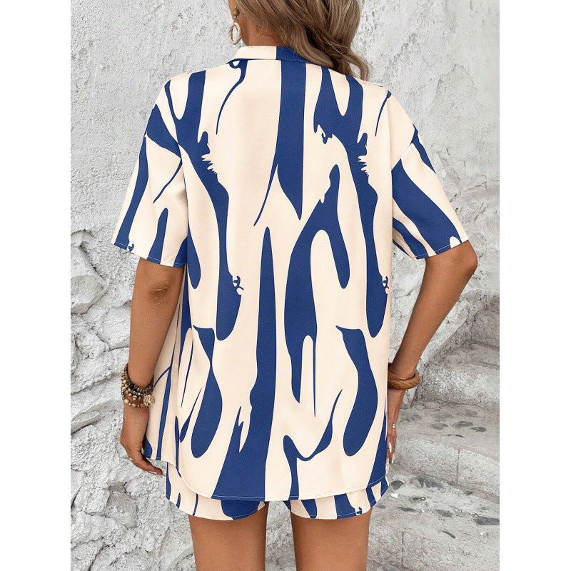 fashion for europe and america:  resort collection - elegant printed two-piece set: shirt & high-waisted shorts (short sleeve)