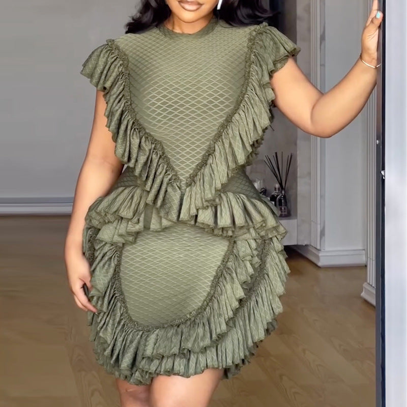 European and american cross-border women's fashion:  autumn new arrivals - sexy and elegant ruffle-trimmed, figure-hugging mini dress with unique design