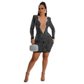 C6185 cross-border   fashion women's solid color hotfix rhinestone mesh v-neck long sleeve dress