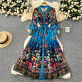 European and american style court dress - women's vintage print, slimming waist, elegant print, pleated chiffon maxi dress