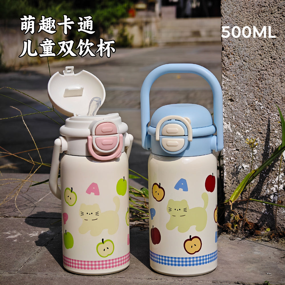 Portable sippy cup for kids, 316 stainless steel food-grade, cute design for girls, student straw cup, dual drinking options