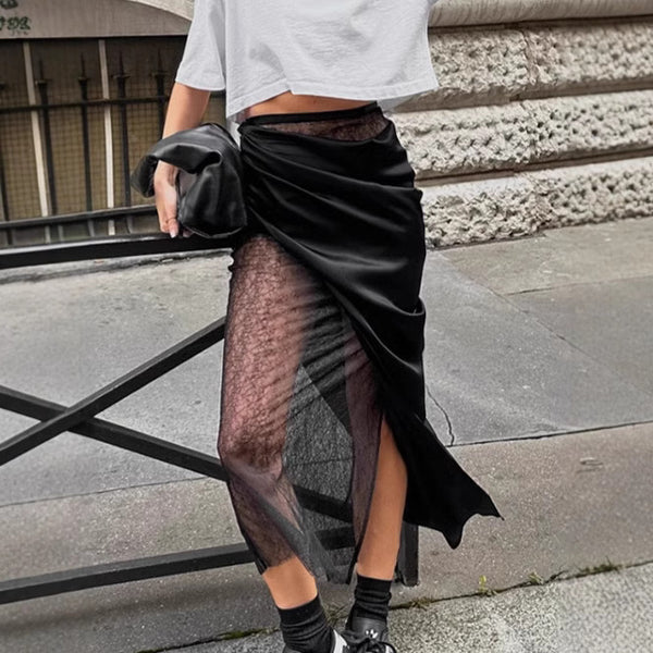 2025 Spring Spice Girl Black Wrap Lace Fart Curtain Skirt Women's Fashion Asymmetrical Splicing A-shaped Skirt Women's Clothing