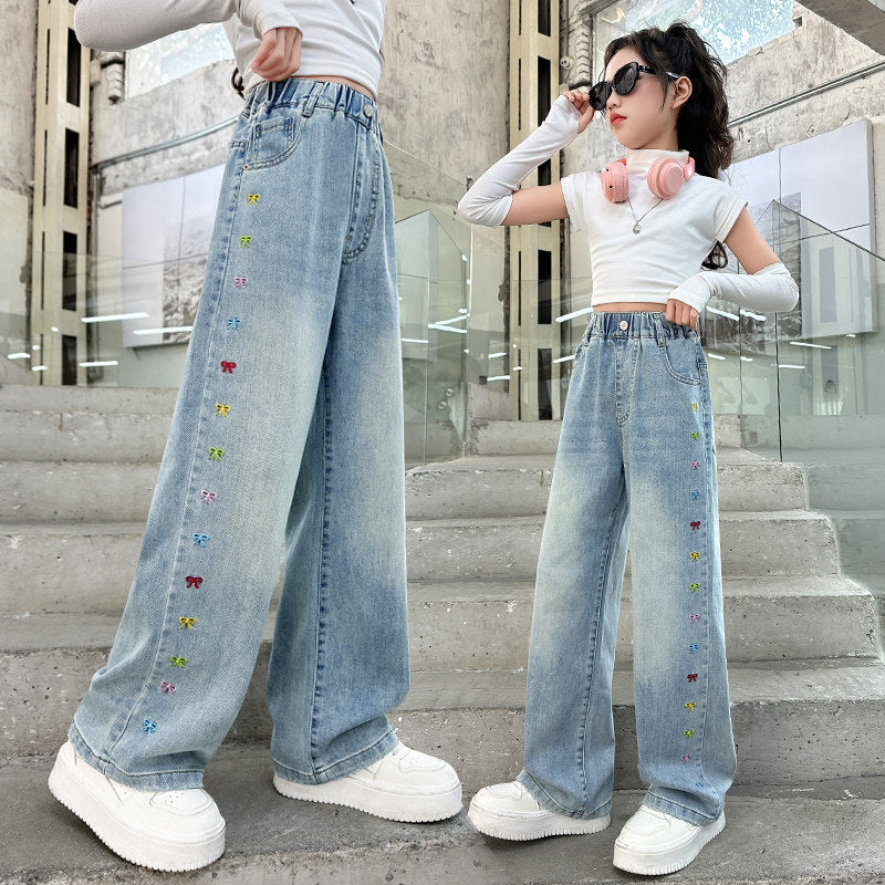 Girls' colorful bowknot denim jeans -  spring new style - stylish straight-leg pants for kids - loose, floor-length trousers for mid-to-large children