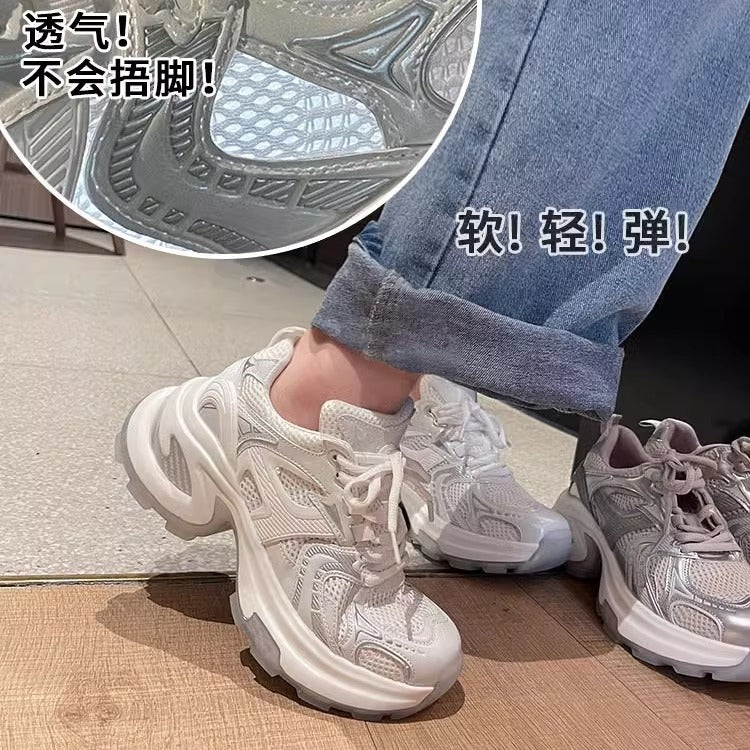 Women's chunky platform mesh breathable silver dad shoes - 2025 summer new fashion, height increasing, versatile casual sneakers