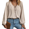cross-border fashion raglan sleeve tie-front v-neck casual comfortable loose fit long sleeve top/blouse
