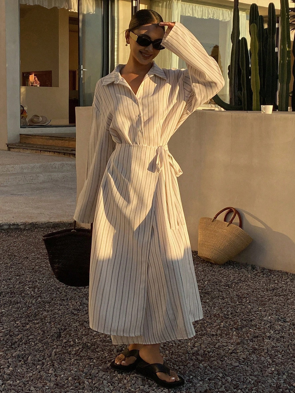 French striped shirt dress - slim fit, slit hem, tie waist, beach vacation style, two-piece look