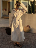 French striped shirt dress - slim fit, slit hem, tie waist, beach vacation style, two-piece look