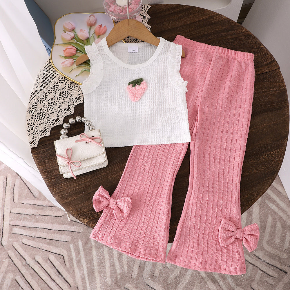 Children's clothing cross-border european and american girls' new strawberry chapter off-white vest + pink trousers set
