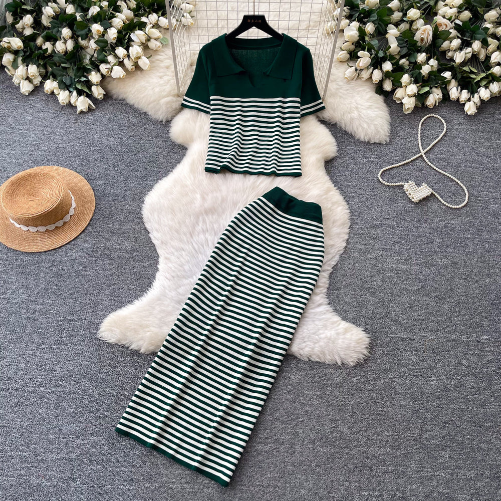 Frenchstripesknitting shirt high waist skirt two-piece set women's summer lazy work clothing styleelegantfashionsuit