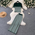 Frenchstripesknitting shirt high waist skirt two-piece set women's summer lazy work clothing styleelegantfashionsuit