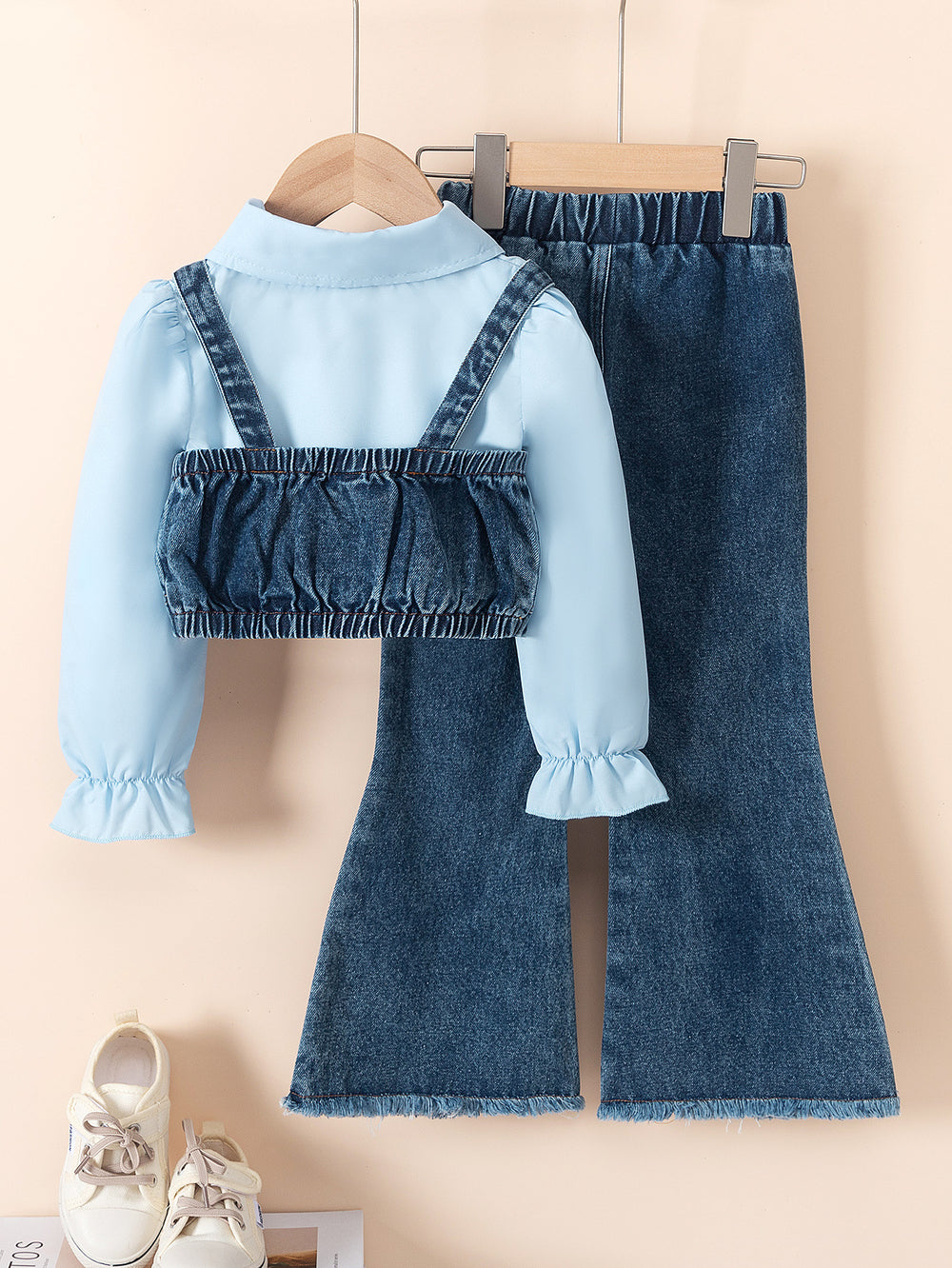 new autumn cross-border girls' collared shirt, denim vest, beaded denim flare pants three-piece set