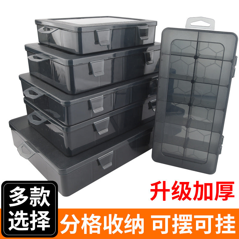 Multi-compartment parts box, transparent plastic organizer for small screws, tool and electronic component storage, drill bit and accessory grid box