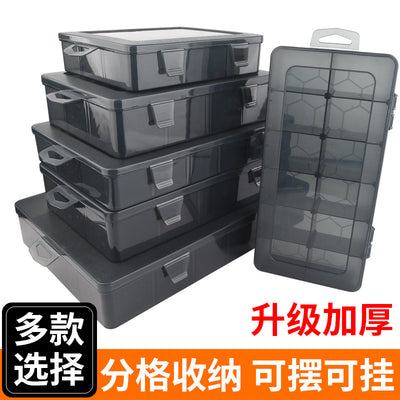 Multi-compartment parts box, transparent plastic organizer for small screws, tool and electronic component storage, drill bit and accessory grid box