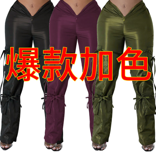 OL6109 European and American   supply new women's clothing zipper opening and closing straps solid color green casual trousers