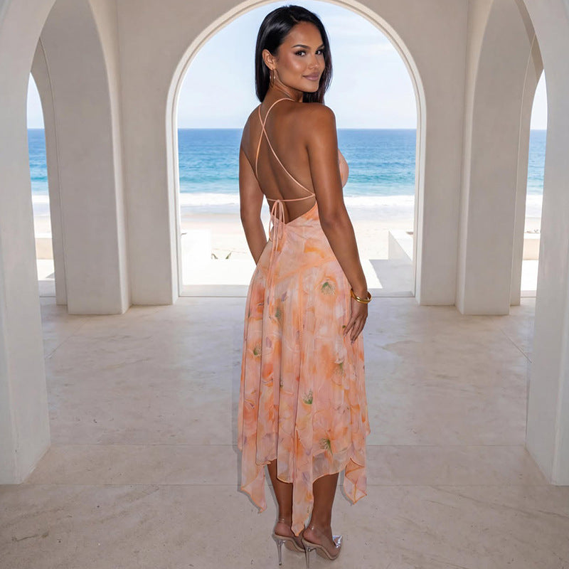 European and american style ins cross-border sweet printed women's slimming backless a-line skirt vacation seaside halter light dress
