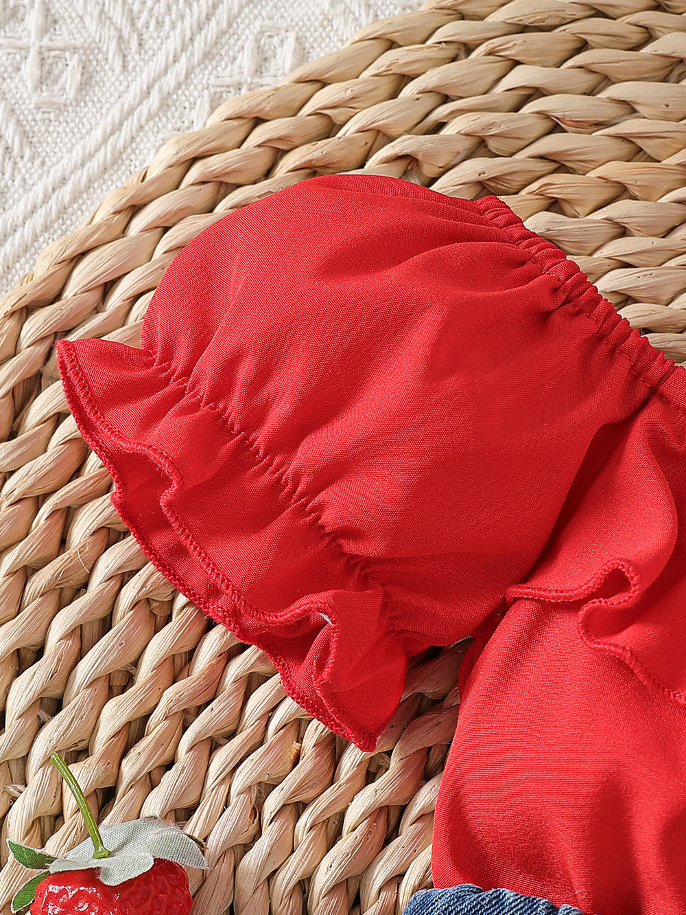 hot selling baby girl one shoulder ruffle suspender tops + strawberry embroidered denim short suit with headscarf