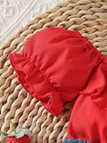 hot selling baby girl one shoulder ruffle suspender tops + strawberry embroidered denim short suit with headscarf
