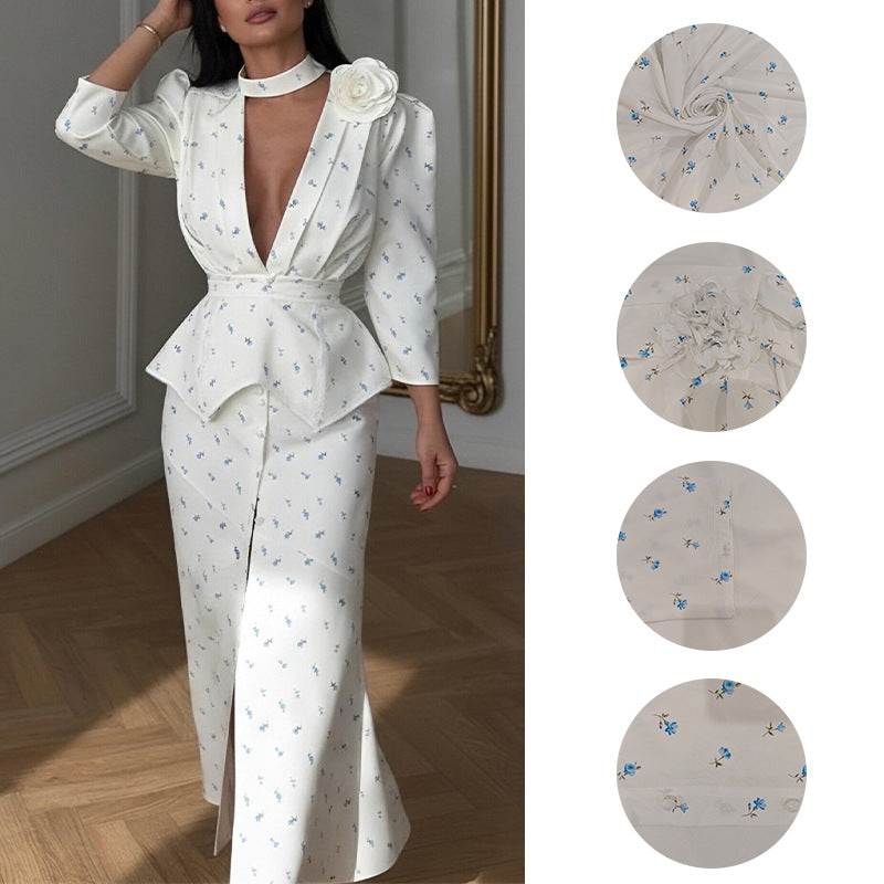 european and american cross-border women's fashion: new autumn collection - elegant floral deep v-neck maxi dress
