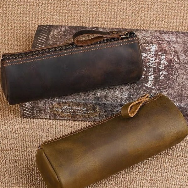 Hot-selling retro genuine leather stationery pencil case, top grain crazy horse leather handmade coin purse, student stationery organizer