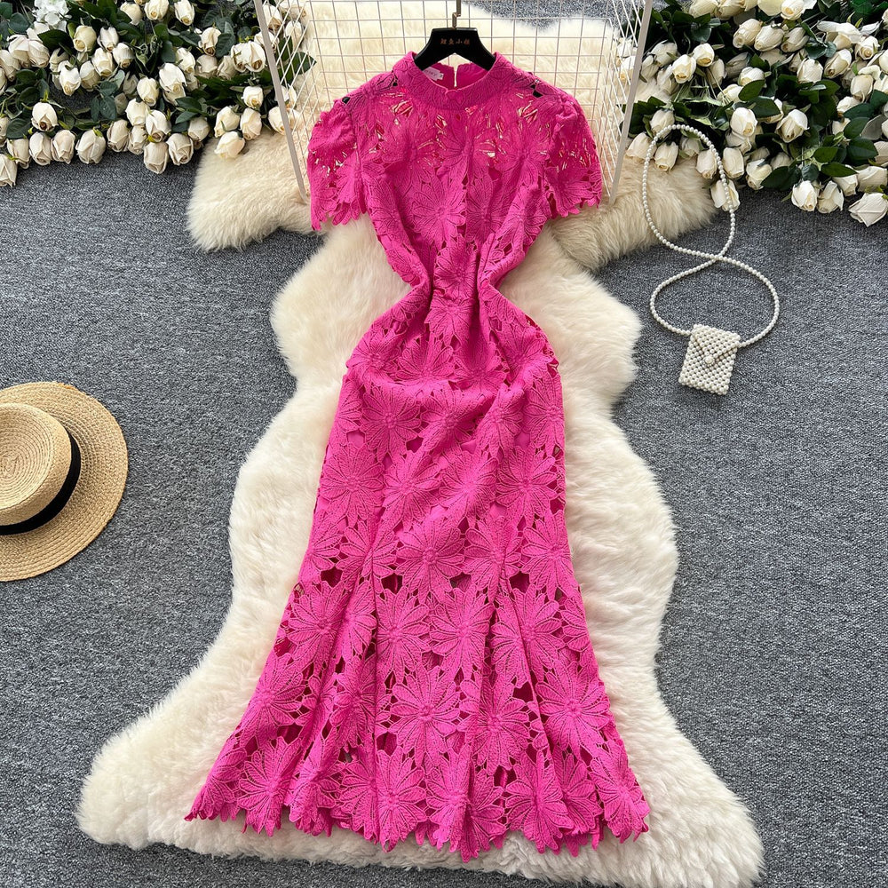 Frenchaccessible luxury celebrity heavy industry cut out crochet lace silmdress women's waist elegant mermaid dress long skirt